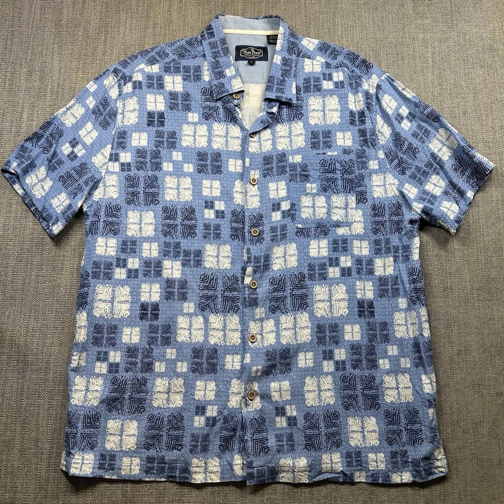 Nat Nast Shirt Mens Large Blue Geometric Short  Sleeve Button Up Silk